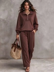 Zayélia Women's Coffee Brown Zip-Up Half-Placket Sweatshirt + Pocket Long Pants 2 Pieces Set - Coffee Brown - View 4