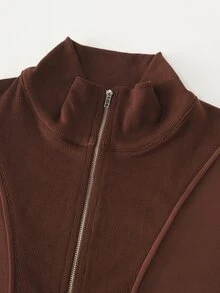 Zayélia Women's Coffee Brown Zip-Up Half-Placket Sweatshirt + Pocket Long Pants 2 Pieces Set - Coffee Brown - View 5
