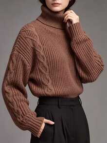LUMIGAL Women's Comfortable Vintage Cable Knit Turtleneck Long Sleeve Sweater - Coffee Brown - View 7