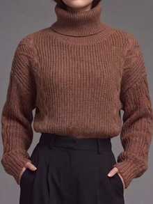 LUMIGAL Women's Comfortable Vintage Cable Knit Turtleneck Long Sleeve Sweater - Coffee Brown - View 5