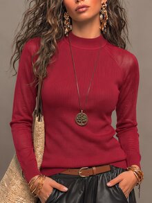 SHEIN Women's Autumn Thin Hollow Knit Top Slim Fit Elegant Solid Color Inner Layer Round Neck Sweater - Red - View 5