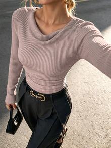 SHEIN Vintage Dusty Pink Asymmetrical Draped Neck Brushed Ribbed Top,Elegant Autumn Brunch Ruching Form-Fitting Long Sleeve T-Shirt Crop Sweater For Women - Pink - View 8