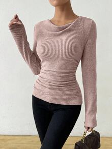 SHEIN Vintage Dusty Pink Asymmetrical Draped Neck Brushed Ribbed Top,Elegant Autumn Brunch Ruching Form-Fitting Long Sleeve T-Shirt Crop Sweater For Women - Pink - View 7