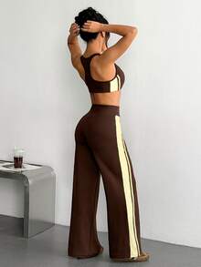 SHEIN Dewbera 2pcs Brown Yellow Contrast 2 Pieces Sports Outfit, Side Stripe, Slim Fit, Suitable For Yoga, Workout, Fitness, Summer - Brown - View 2
