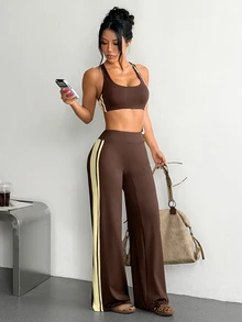 SHEIN Dewbera 2pcs Brown Yellow Contrast 2 Pieces Sports Outfit, Side Stripe, Slim Fit, Suitable For Yoga, Workout, Fitness, Summer - Brown - View 5
