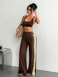 SHEIN Dewbera 2pcs Brown Yellow Contrast 2 Pieces Sports Outfit, Side Stripe, Slim Fit, Suitable For Yoga, Workout, Fitness, Summer - Brown - View 1
