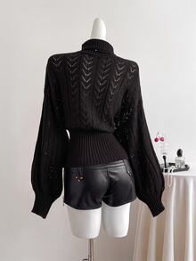 Elamini Burgundy Hollow Out Turtleneck Sweater, Women Batwing Long Sleeve Ribbed Hem Going Out Everyday Date Autumn Elegant Casual - Black - View 2