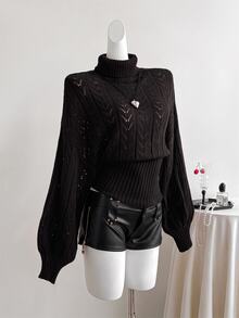 Elamini Burgundy Hollow Out Turtleneck Sweater, Women Batwing Long Sleeve Ribbed Hem Going Out Everyday Date Autumn Elegant Casual - Black - View 1