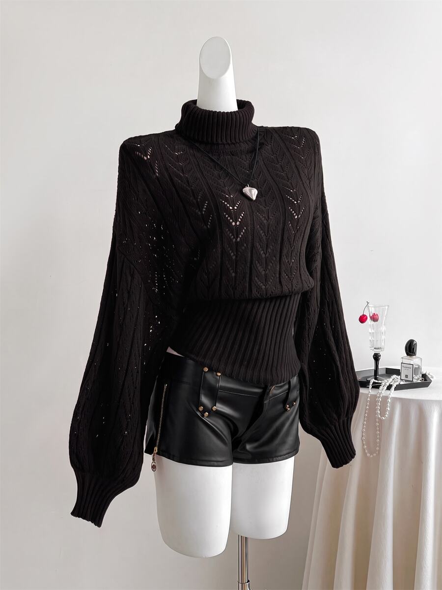 Elamini Burgundy Hollow Out Turtleneck Sweater, Women Batwing Long Sleeve Ribbed Hem Going Out Everyday Date Autumn Elegant Casual - Black - View 1