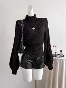 Elamini Burgundy Hollow Out Turtleneck Sweater, Women Batwing Long Sleeve Ribbed Hem Going Out Everyday Date Autumn Elegant Casual - Black - View 3