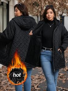 SHEIN Clasi 大尺碼女款純色長袖保暖內裡連帽冬季外套，適合度假、外出、派對、居家與辦公，黑色休閒工裝寬鬆款 - 黑色 - 查看 3