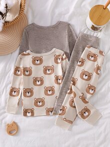 4-Piece Baby Boys Round Neck Long Sleeve & Long Pants Beige & Brown Cute Bear Print Graphic Snug Fit Autumn/Winter Pajamas Comfy Soft Knit - Multicolor - View 2