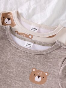4-Piece Baby Boys Round Neck Long Sleeve & Long Pants Beige & Brown Cute Bear Print Graphic Snug Fit Autumn/Winter Pajamas Comfy Soft Knit - Multicolor - View 4
