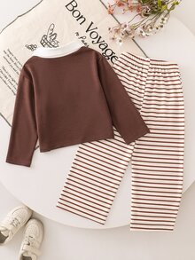 SHEIN Young Girls 2pcs Set Knit Collared Long Sleeve Loose Striped T-Shirt Set With Embroidered & Patch, Casual Fall Winter, Brown Top - Brown - View 3