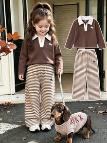 SHEIN Young Girls 2pcs Set Knit Collared Long Sleeve Loose Striped T-Shirt Set With Embroidered & Patch, Casual Fall Winter, Brown Top - Brown - View 2