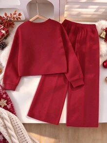 SHEIN Tween女孩韓系3D緞面蝴蝶結裝飾紅色直條紋紋理圓領長袖上衣高腰新年秋季可愛套裝 - 紅色 - 查看 3