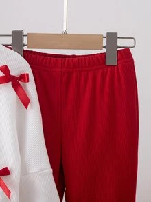 SHEIN 2Pcs Set Girlss T-Shirt Co-Ords Fall Christmas 7th Birthday Mommy Daughter White Red Matching - Red - View 4