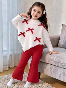 SHEIN 2Pcs Set Girlss T-Shirt Co-Ords Fall Christmas 7th Birthday Mommy Daughter White Red Matching - Red - View 1