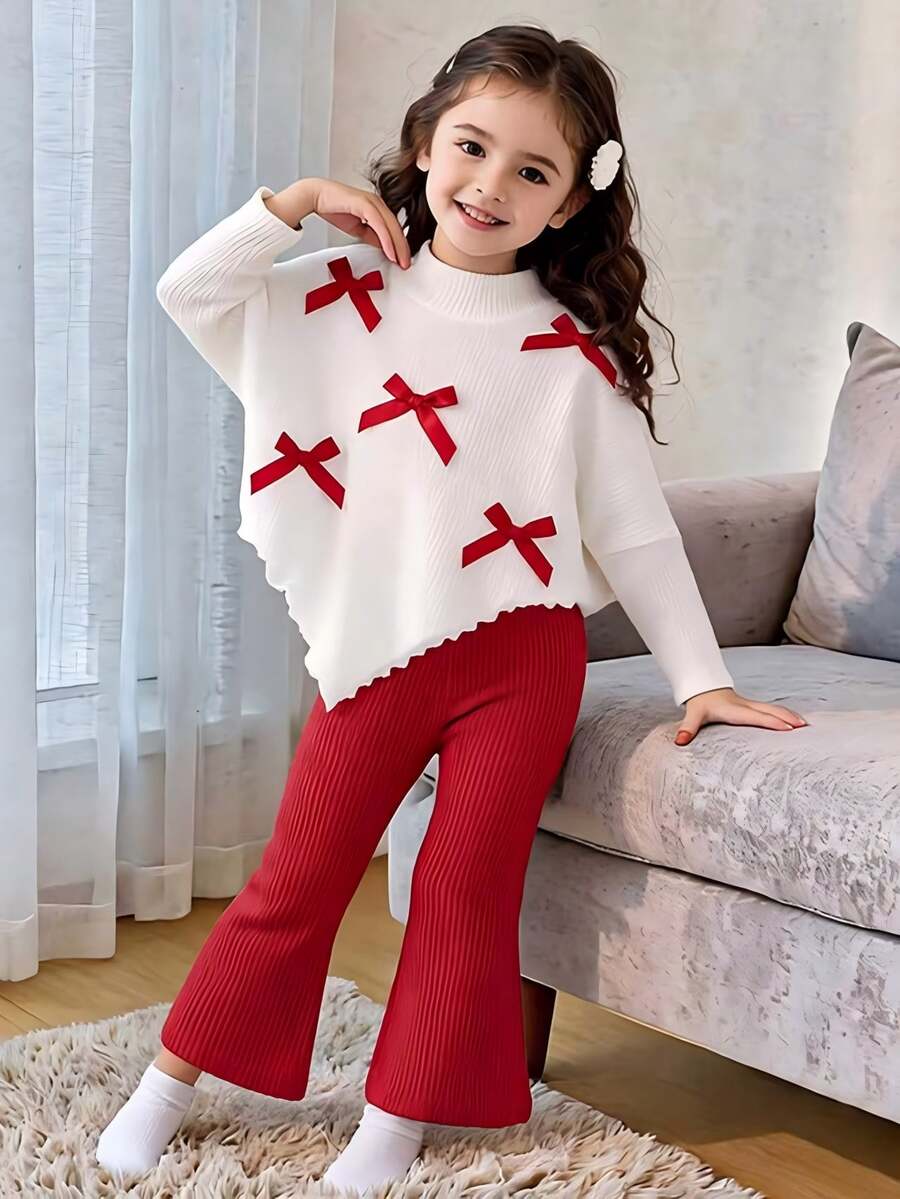 SHEIN 2Pcs Set Girlss T-Shirt Co-Ords Fall Christmas 7th Birthday Mommy Daughter White Red Matching - Red - View 1