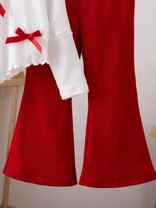 SHEIN 2Pcs Set Girlss T-Shirt Co-Ords Fall Christmas 7th Birthday Mommy Daughter White Red Matching - Red - View 5