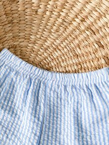 SHEIN Young Girl (Small) Knitted Jacquard Ivory Ruffle Trim Camisole Top & Pink Ruffle Trim Shorts Set, Cute & Adorable Baby Summer Outfit - Baby Blue - View 8