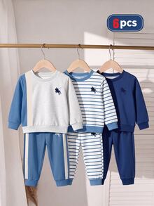 6PCS Baby Boys Hoodie Sweatshirt Co-Ords School Family Blue White Stripe Fall Cowboy Racing - Multicolor - View 8
