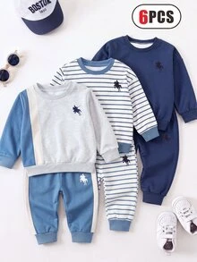 6PCS Baby Boys Hoodie Sweatshirt Co-Ords School Family Blue White Stripe Fall Cowboy Racing - Multicolor - View 7