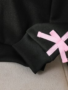 女童側邊條紋蝴蝶結飾邊刺繡連帽長袖抓絨運動外套上衣 派對 7歲生日 1歲生日 秋季 黑色仙女公主 - 淺灰色 - 查看 9