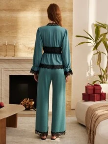 Moireta Women's Mature Elegant Lace Patchwork Knit Long Sleeve Pants Pajama Set - Dark Green - View 2
