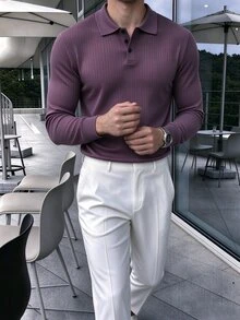 Calvornis Men's Solid Color Casual Daily Long Sleeve Polo Shirt - Purple - View 4