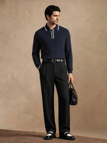 Core Aspect Men's Fashion Casual Solid Jacquard Long-Sleeve Polo Shirt With A Turned-Down Collar, Suitable For Light Everyday Wear In Spring And Autumn - Navy Blue - View 4