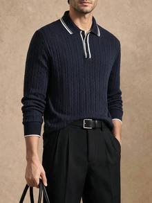 Core Aspect Men's Fashion Casual Solid Jacquard Long-Sleeve Polo Shirt With A Turned-Down Collar, Suitable For Light Everyday Wear In Spring And Autumn - Navy Blue - View 1