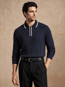 Core Aspect Men's Fashion Casual Solid Jacquard Long-Sleeve Polo Shirt With A Turned-Down Collar, Suitable For Light Everyday Wear In Spring And Autumn - Navy Blue - View 3