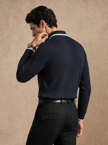 Core Aspect Men's Fashion Casual Solid Jacquard Long-Sleeve Polo Shirt With A Turned-Down Collar, Suitable For Light Everyday Wear In Spring And Autumn - Navy Blue - View 2