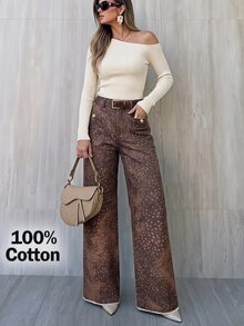 Selenza بنطلون جينز نسائي مقاس كبير بتصميم جيوب وساق واسعة فضفاض كاجوال - بني مخاوي - مشاهدة 1