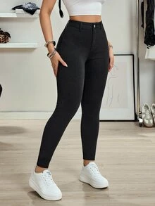 Selenza 女款日常百搭素色拉鍊緊身牛仔長褲 - 黑色 - 查看 9