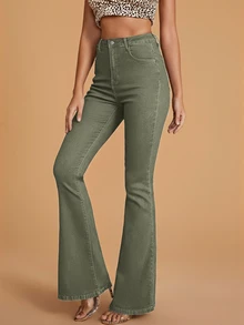 Selenza Casual Washed High Waist Slim Fit Flare Leg Jeans - Army Green - View 7