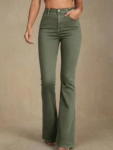 Selenza Casual Washed High Waist Slim Fit Flare Leg Jeans - Army Green - View 6