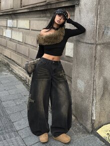 StreetHx 時尚街頭風拼接刺繡鉚釘低腰牛仔曲腿褲 - 黑色 - 查看 3