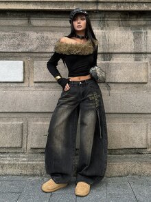 StreetHx 時尚街頭風拼接刺繡鉚釘低腰牛仔曲腿褲 - 黑色 - 查看 4