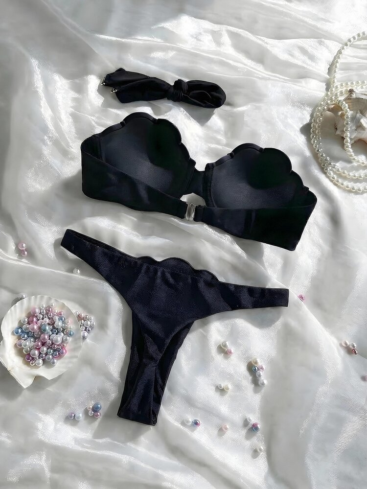 SHEIN Swim 2pcs Petal Patchwork Hard Cup Detachable Strap Solid Color Sexy Bikini Set, Black With Black Cup - Black - View 4