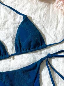 SHEIN Swim Women's Summer Beach Sexy Spring/Summer Lace Mesh Halter Neck Pearl Pendant Bikini Set - Blue - View 6