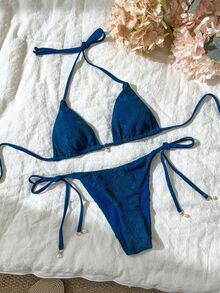 SHEIN Swim Women's Summer Beach Sexy Spring/Summer Lace Mesh Halter Neck Pearl Pendant Bikini Set - Blue - View 2