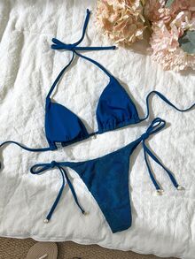 SHEIN Swim Women's Summer Beach Sexy Spring/Summer Lace Mesh Halter Neck Pearl Pendant Bikini Set - Blue - View 3
