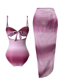 SHEIN Swim 夏季女款 2 件式海灘連體上衣，漸層編繩細肩帶，側綁帶裙比基尼 3 件套，粉紫條紋性感款 - 酒紅色 - 查看 5