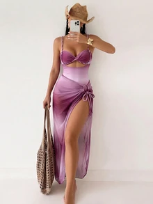 SHEIN Swim 夏季女款 2 件式海灘連體上衣，漸層編繩細肩帶，側綁帶裙比基尼 3 件套，粉紫條紋性感款 - 酒紅色 - 查看 2