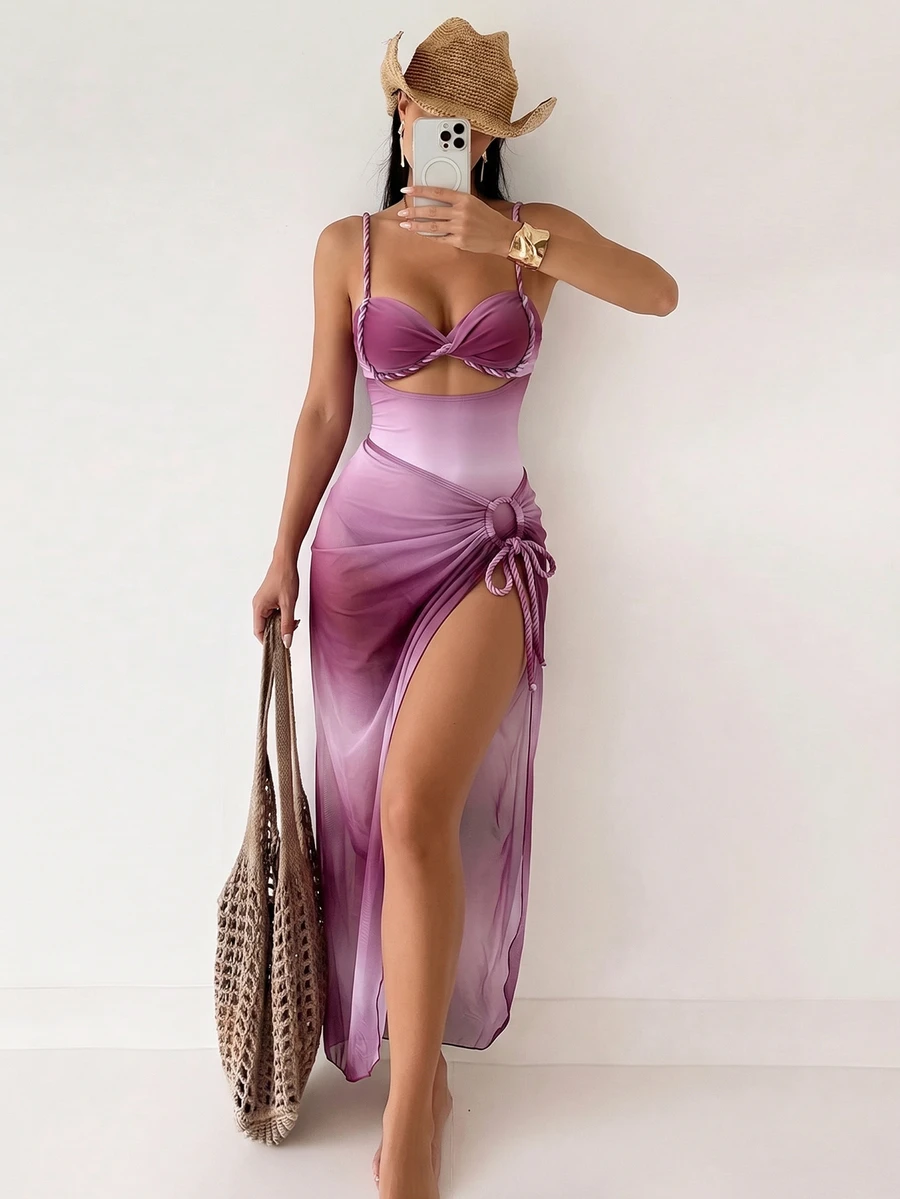SHEIN Swim 夏季女款 2 件式海灘連體上衣，漸層編繩細肩帶，側綁帶裙比基尼 3 件套，粉紫條紋性感款