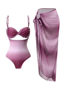 SHEIN Swim 夏季女款 2 件式海灘連體上衣，漸層編繩細肩帶，側綁帶裙比基尼 3 件套，粉紫條紋性感款 - 酒紅色 - 查看 3