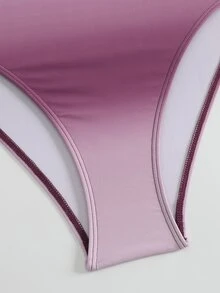 SHEIN Swim 夏季女款 2 件式海灘連體上衣，漸層編繩細肩帶，側綁帶裙比基尼 3 件套，粉紫條紋性感款 - 酒紅色 - 查看 7