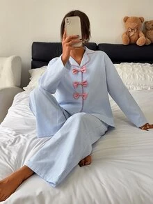 DAZY Women's Bow Decor Striped Long Sleeve Top And Pants Pajama Set Fall - Blue - View 4